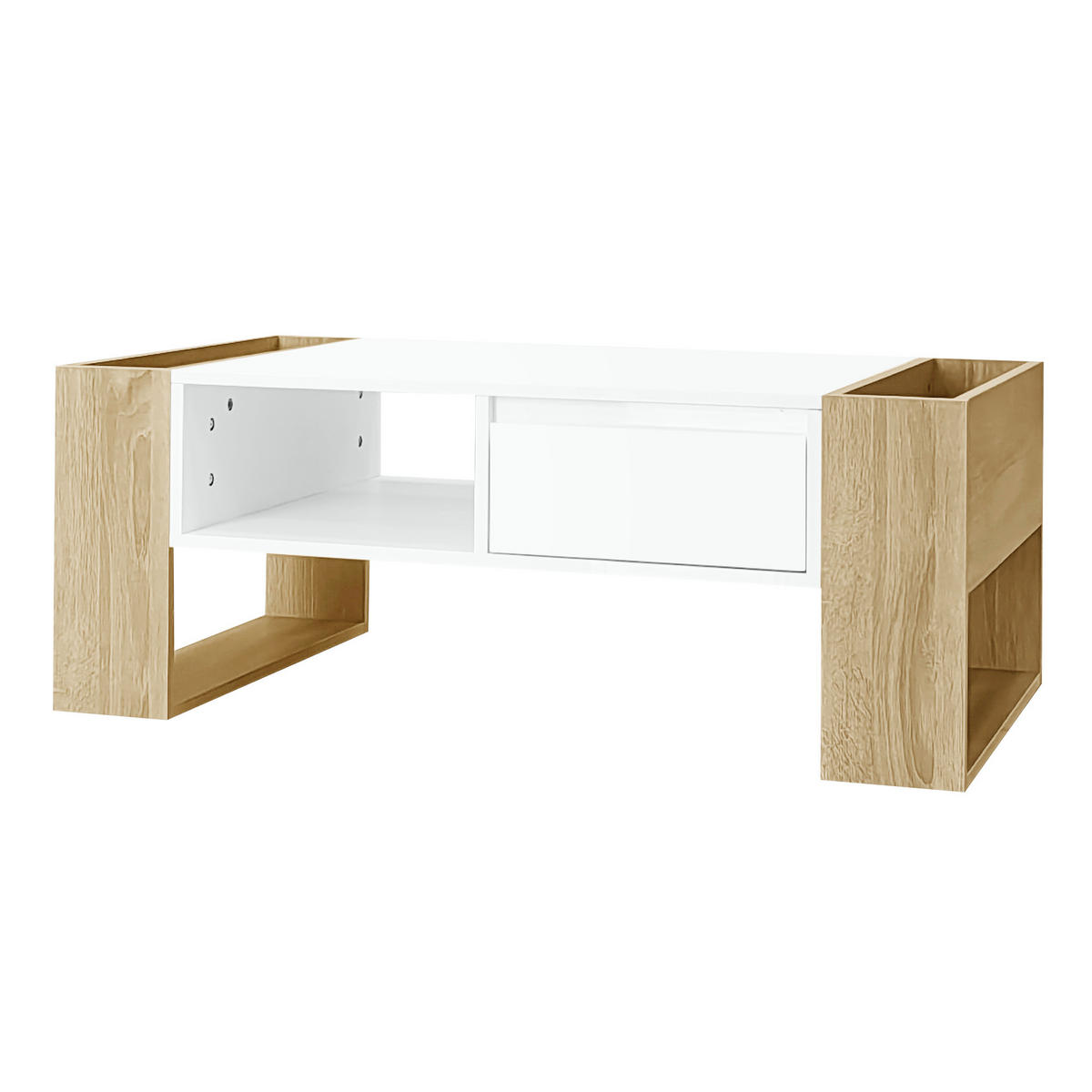 COUCHTISCH 105x60cm Hochglanz Schubladen & offene Fächer Weiß Holzoptik - Weiß, Holz (88.49/69.98/15.98cm) - FLIEKS