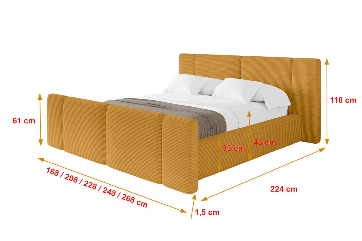 POLSTERBETT mit Bettkasten, Fußteil und Lattenrost, Bett mit Matratze H3/H4 - RIVO-Z 180x200 Senfgelb - Gelb, Holzwerkstoff/Textil (180/200cm) - ALTDECOR