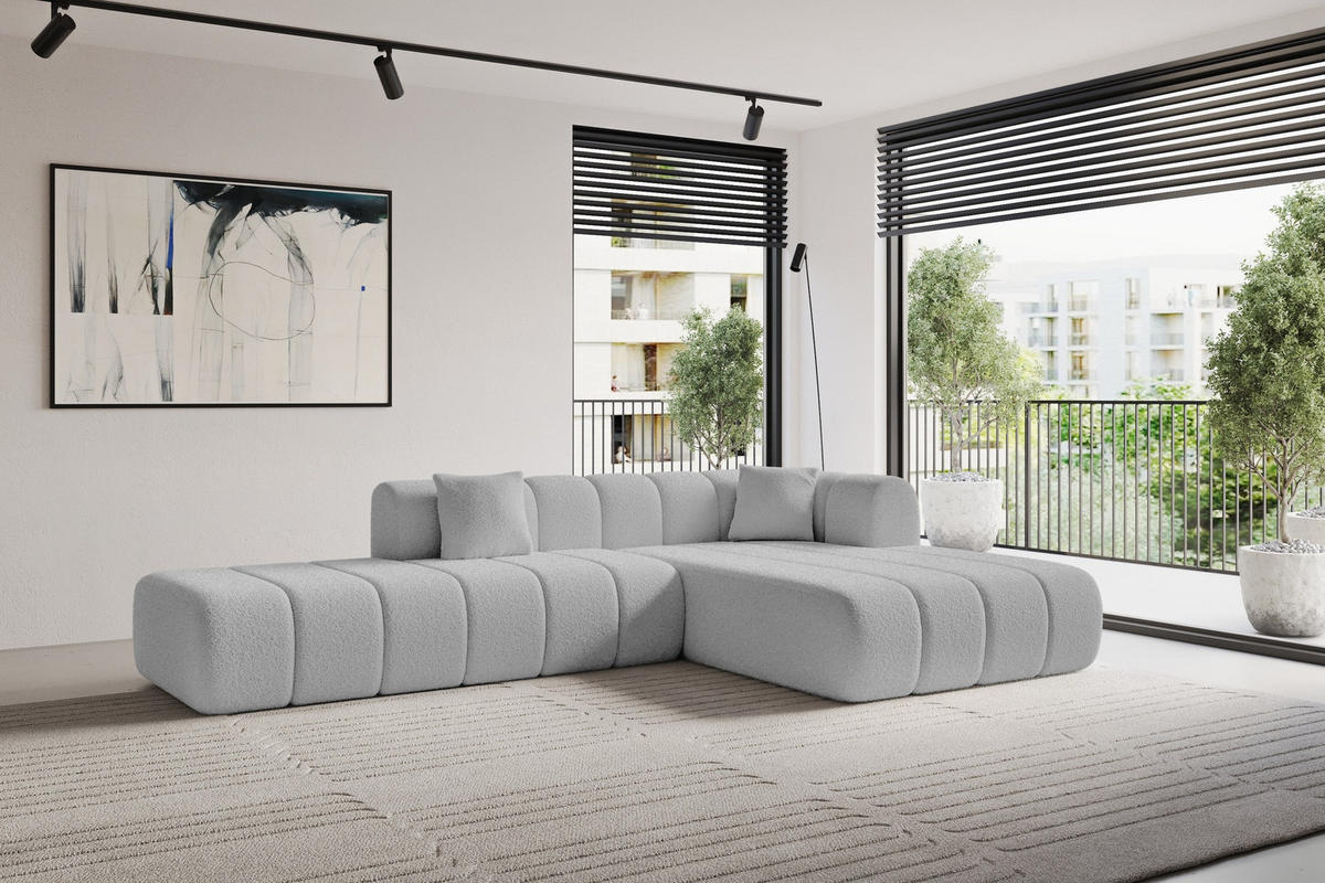 ROHOVÁ SEDAČKA s otomanem, pravá BILA-L 289x176x71 Světle šedá Buklé - černá/stříbrná, kompozitní dřevo/textil (289/176cm) - ALTDECOR