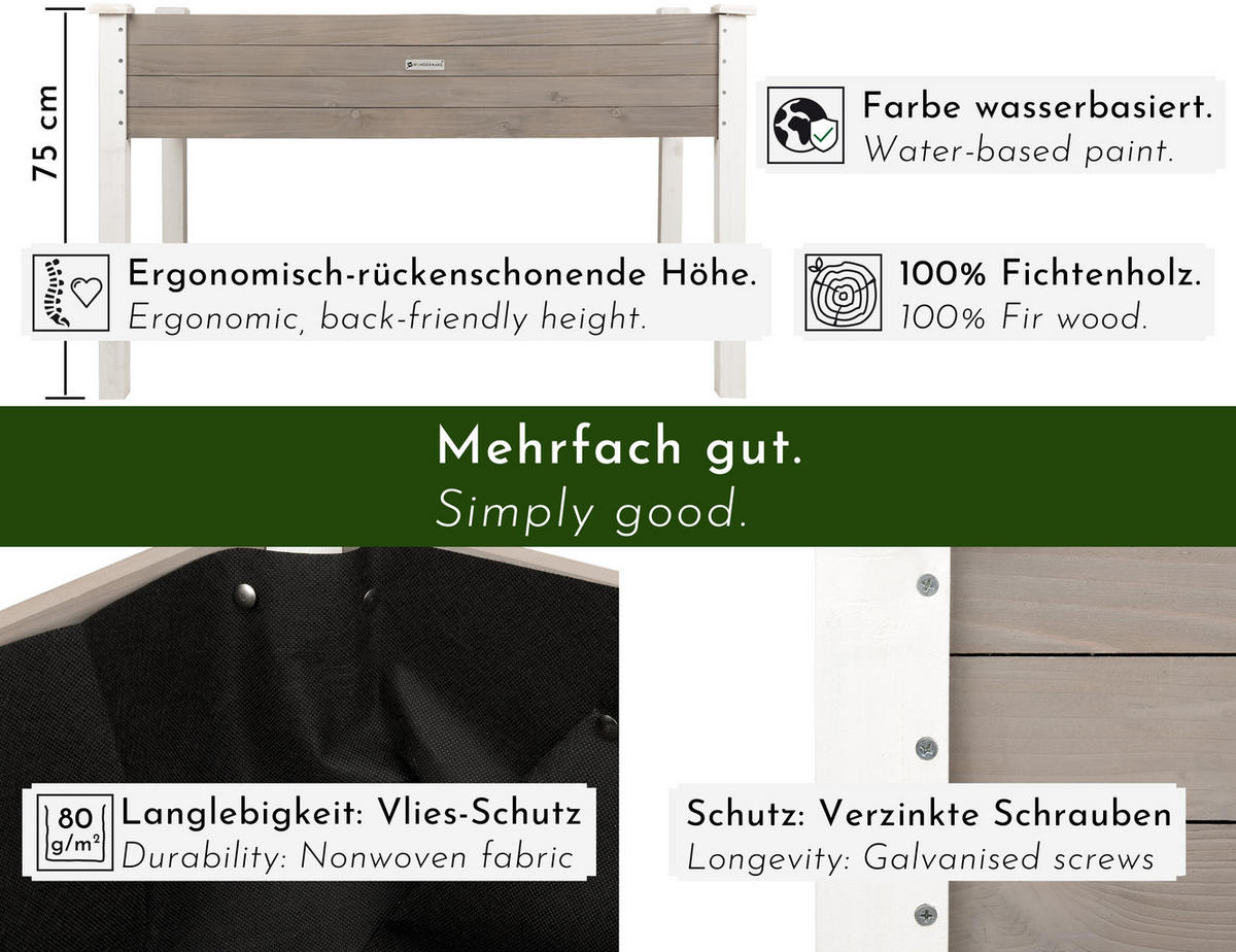HOCHBEET aus Holz für Garten & Balkon, rechteckig mit Vlies-Folie - Weiß, Holz (124/75/63cm) - WONDERMAKE