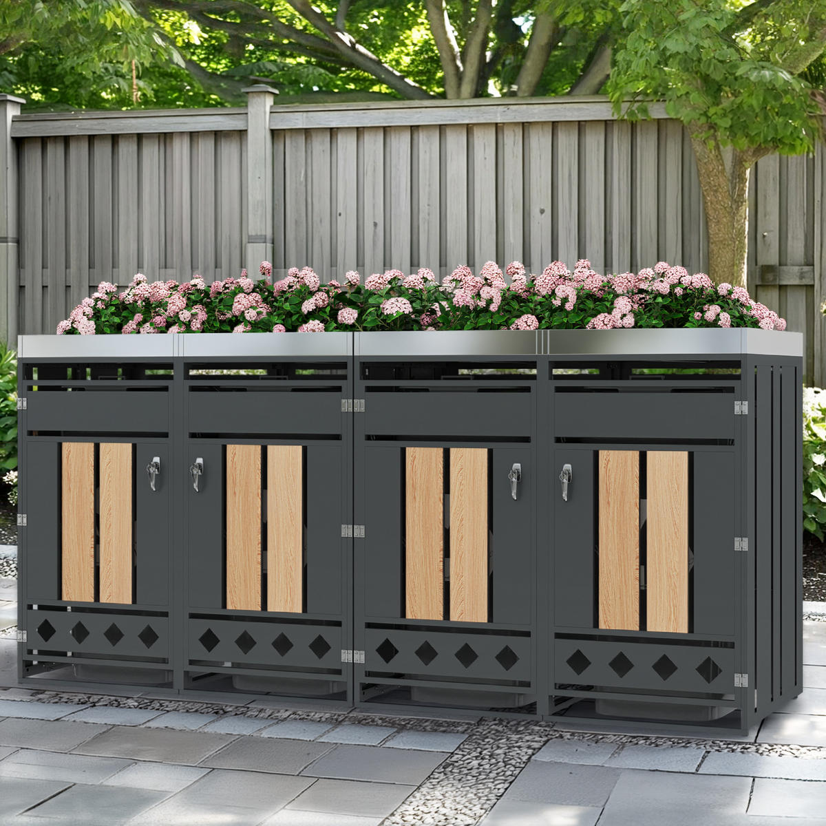MÜLLTONNENBOX aus Stahl in Grau/Holzoptik mit Pflanzkasten & 4 Türen 264x80x124,5 cm - Grau, Metall (264/124.5/80cm) - Modfu