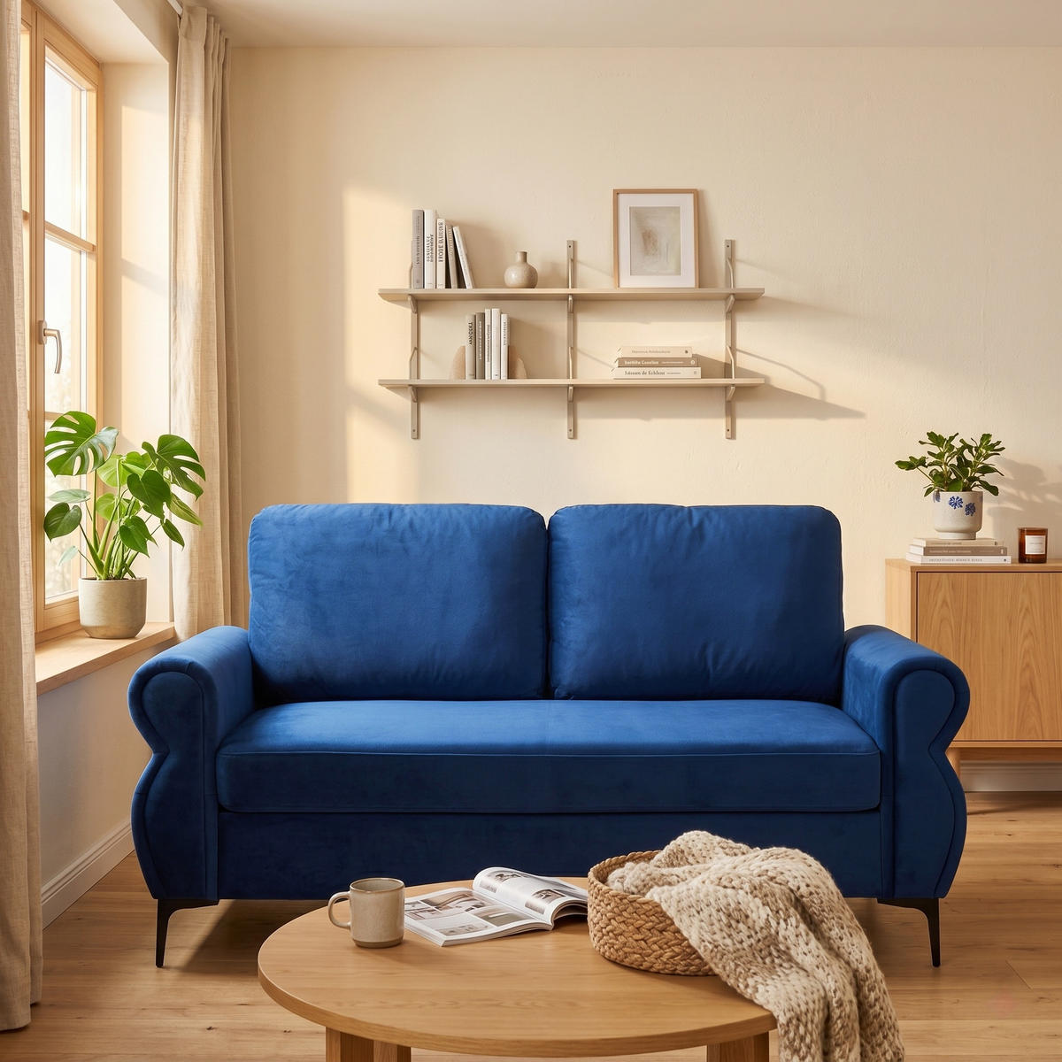 2-SITZER SOFA Polyester Blau mit Metallfüßen - Blau, Holzwerkstoff/Textil (173.5/92/81cm) - WISHDOR