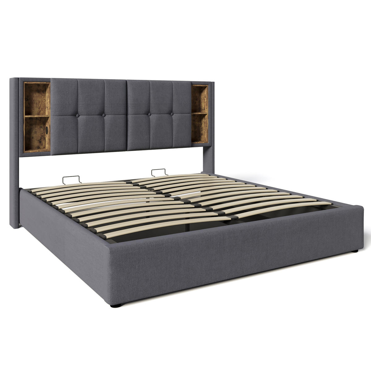 BETT mit Stauraum & Ladestation 140x200 cm Baumwolle Grau - Grau, Metall (140/200cm) - Meubliv