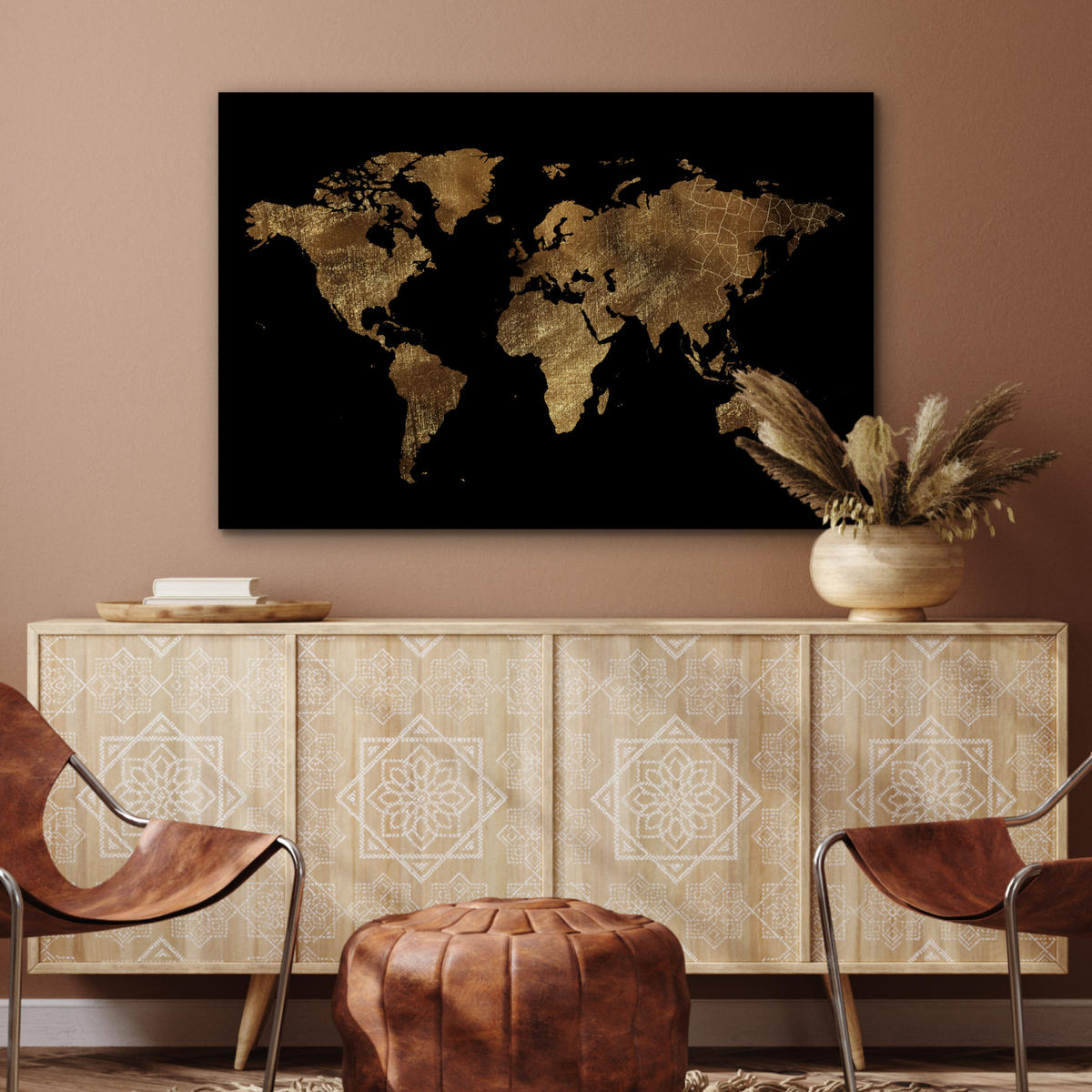 METALLBILD Weltkarte - Gold - Luxus - Erde - Schwarz 120x80 cm - Goldfarben, Metall (120/80cm) - MuchoWow