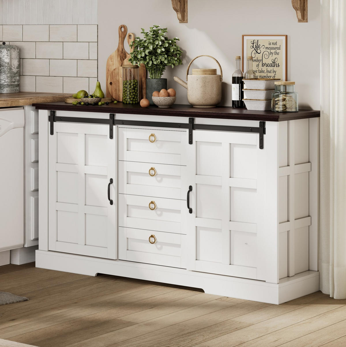 SIDEBOARD 150/40/85 cm mit 2 Schiebetüren & 4 Schubladen in Weiß - Weiß, Holzwerkstoff (150/85/40cm) - BEAOK
