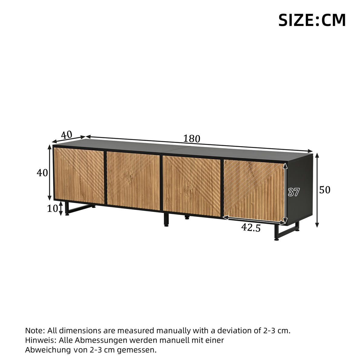 TV STOLEK přírodní barva se 4 dvířky, vakuově tvarovaný design, pro TV do 80", 180 × 40 × 50 cm - přírodní/černá, kov/sklo (180/50/40cm) - STILVORA