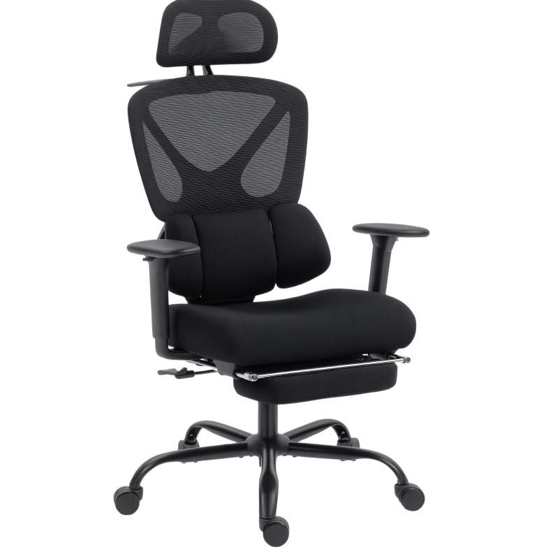 ERGONOMICKÁ kancelárska stolička čierna s opierkou hlavy, bedrovou oporou a výsuvnou podnožkou z plastu - čierna, plast (73/128/75cm) - OKWISH
