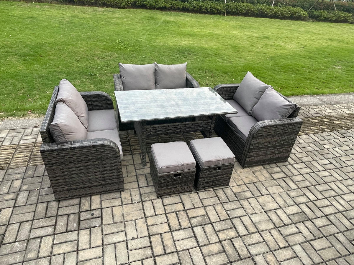 SITZGRUPPE mit Esstisch,Zweisitzer,2 Hockern Polyrattan 8-Sitzer - Dunkelgrau/Grau, Glas/Kunststoff - Fimous