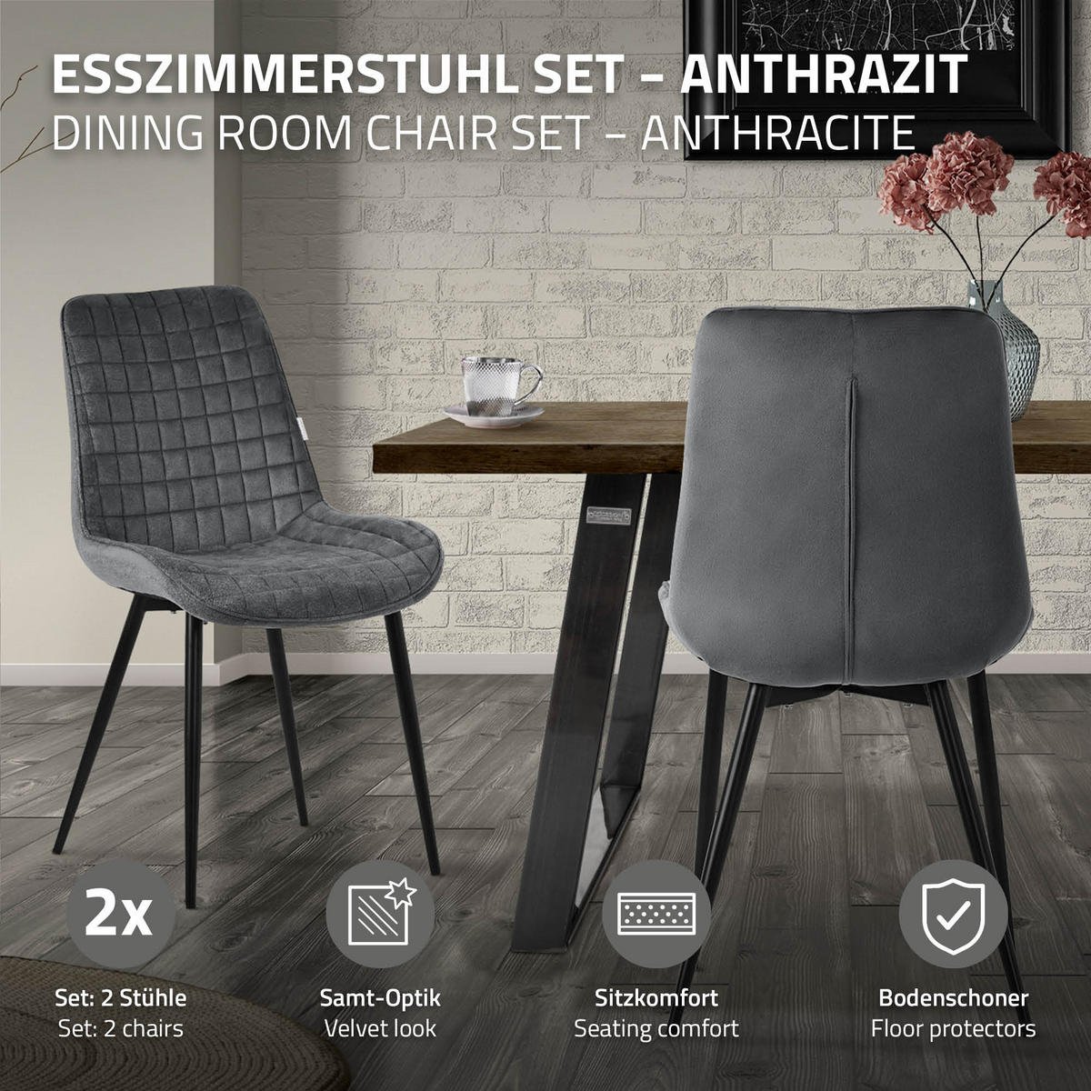 JÍDELNÍŽIDLA, SADA 2 KS, antracitový samet - černá/tmavě šedá, kov/textil (52/89/60cm) - ML-DESIGN