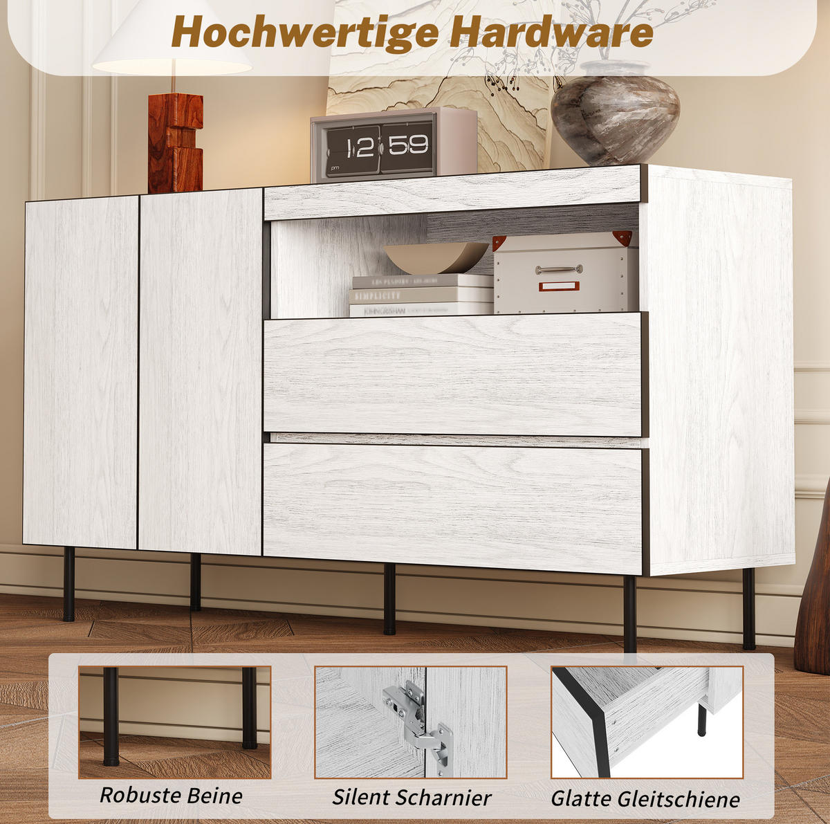 SIDEBOARD 140/42/77 cm Weiß aus Holzwerkstoff mit Schubladen - Weiß, Holzwerkstoff (140/77/42cm) - OKWISH