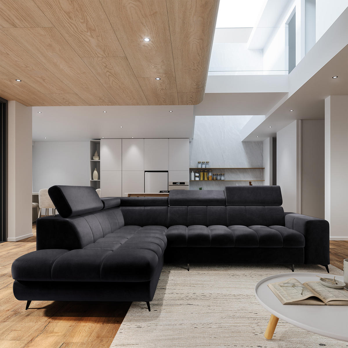 ECKSOFA MORIVA L-S Schwarz Velours-Stoff mit Schlaffunktion - Schwarz, Holz (253/190cm) - MASSENO