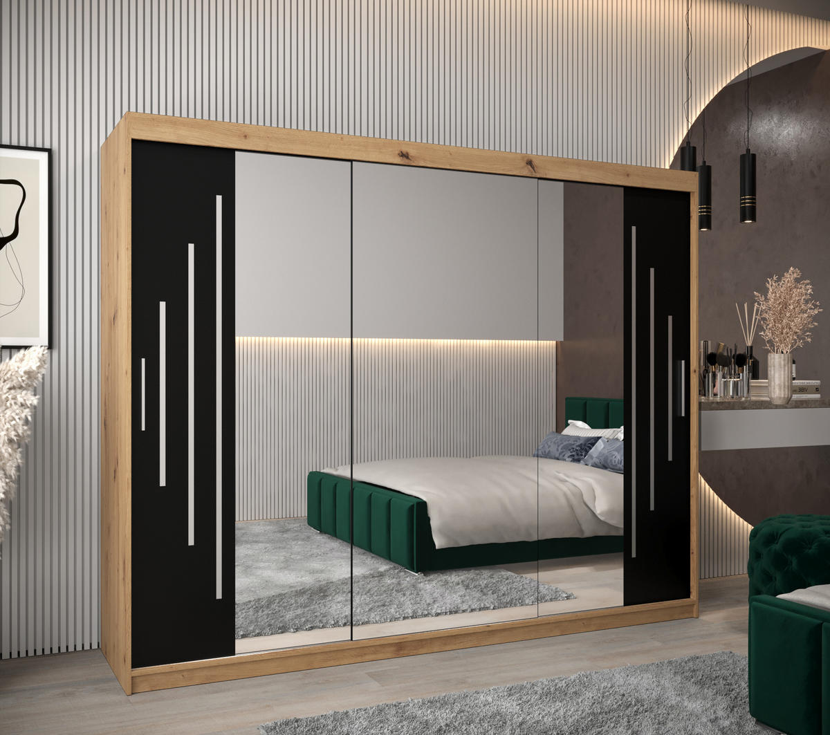 SCHWEBETÜRENSCHRANK 200/250/62 3-türig - Silberfarben/Schwarz, Holz/Kunststoff (250/200/62cm) - Abiks Möbel