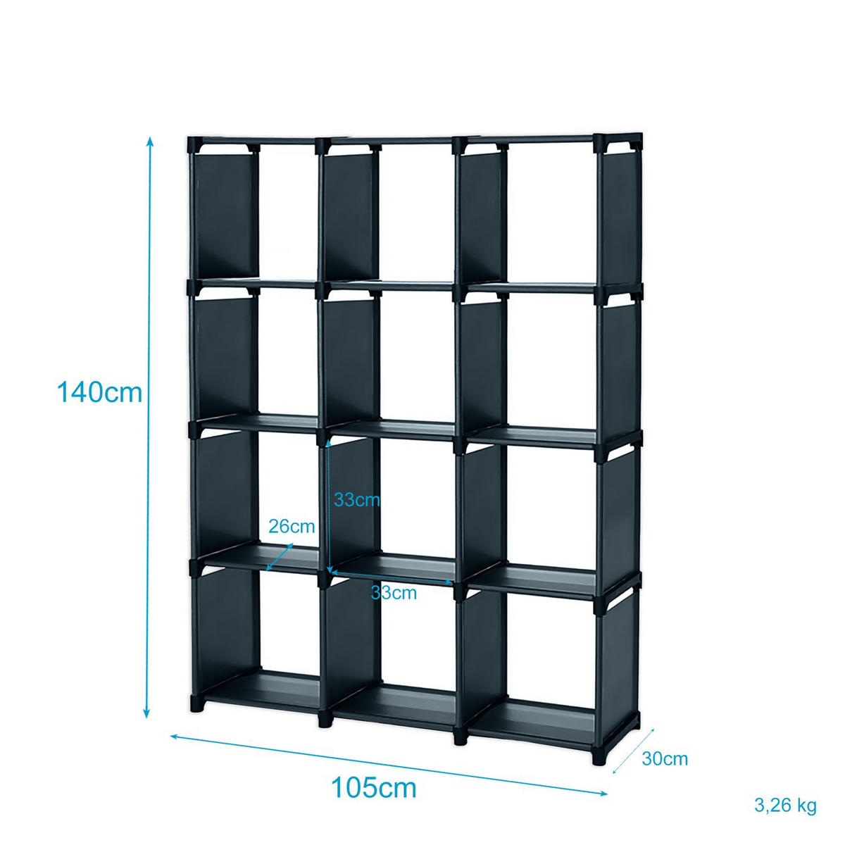AUFBEWAHRUNGSREGAL Steckregal mit 12 Fächern - Schwarz, Textil (30/145/110cm) - Intirilife