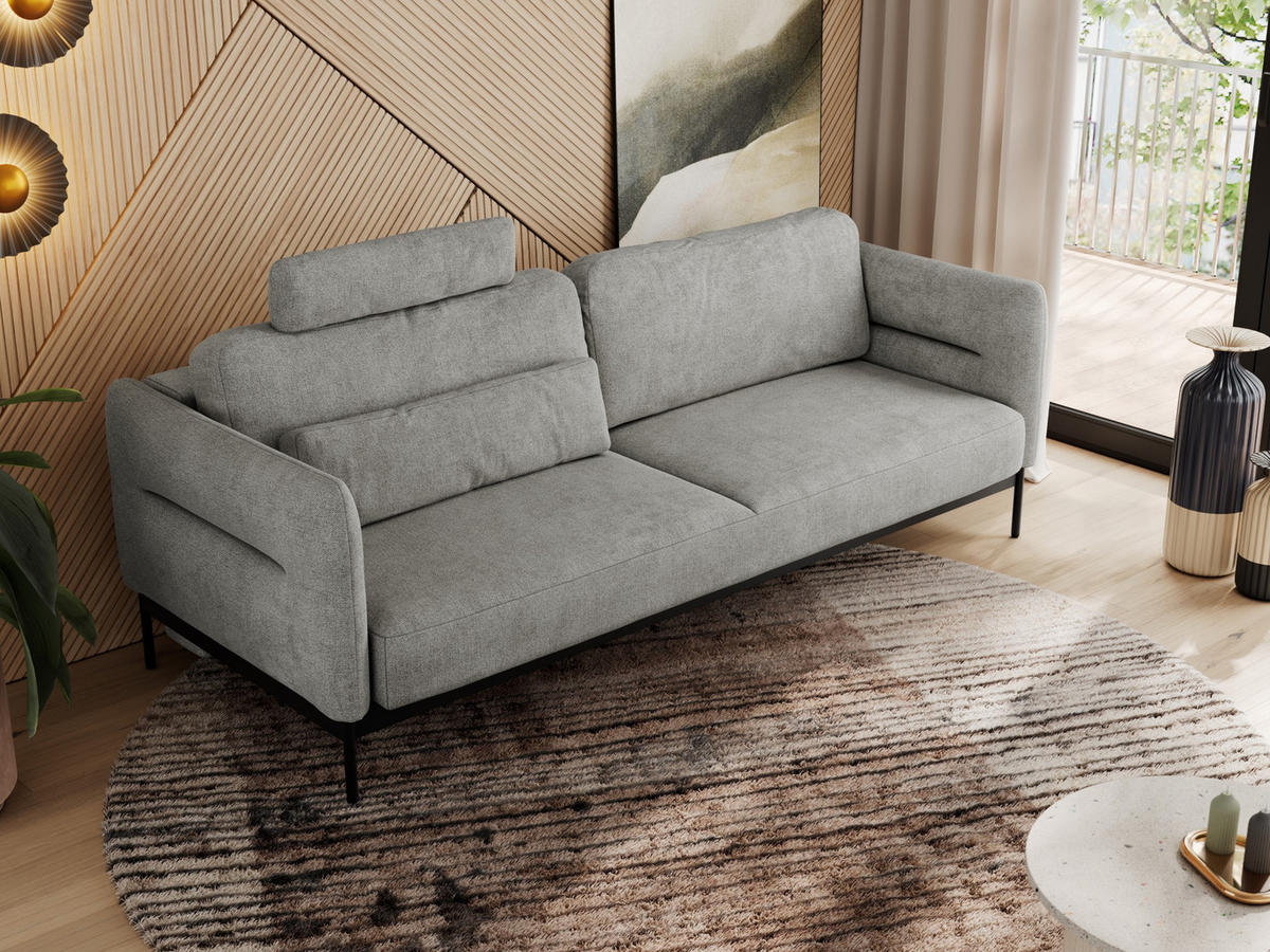 SOFA SALENTO Hellgrau Struktur - Hellgrau/Schwarz, Textil/Metall (221/82/101cm) - MKS