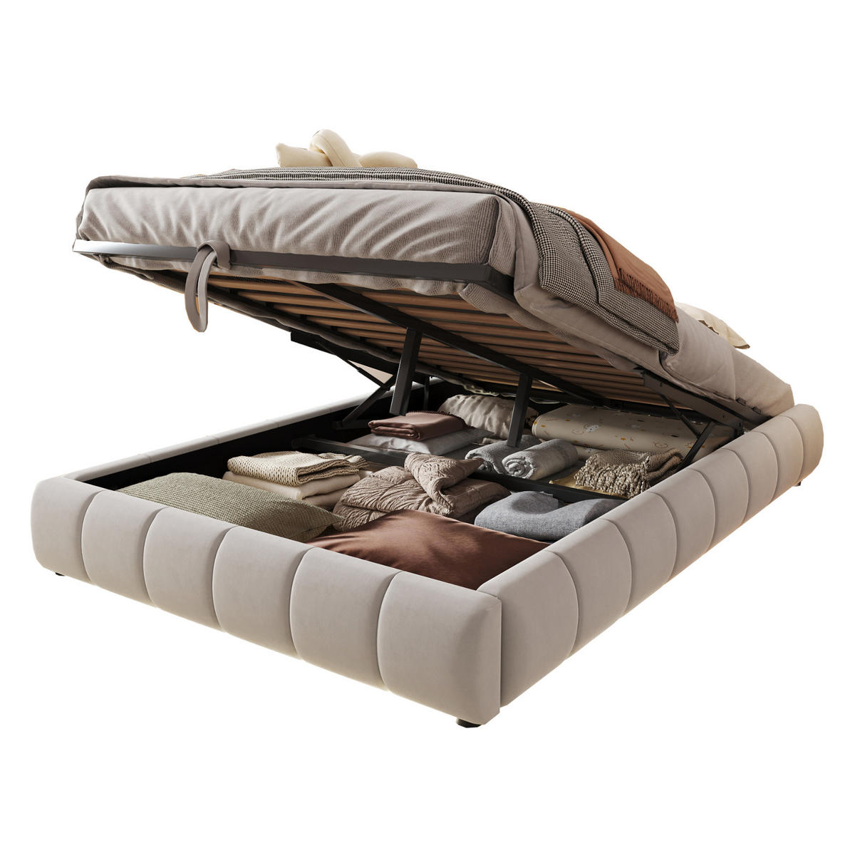POLSTERBETT 140/200 cm Beige ohne Kopfteil mit LED-Lichtleiste und hydraulischem Stauraum - Beige, Textil (140/200cm) - OKWISH