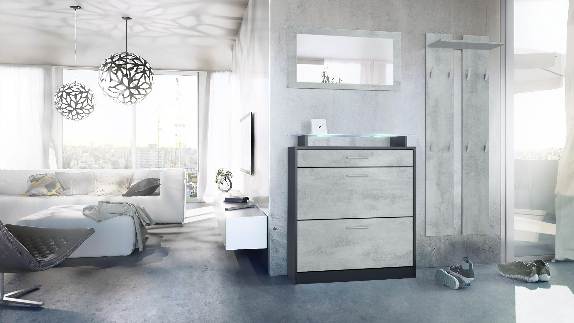GARDEROBE Loret Front in Beton Oxid Optik - Hellgrau, Holzwerkstoff (180/200/23cm) - Vladon