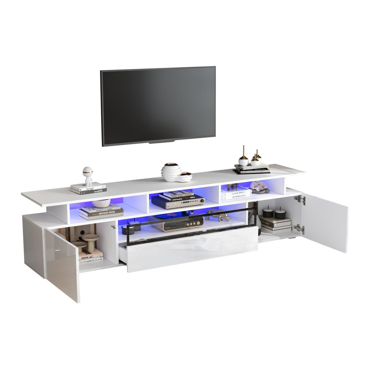 LOWBOARD 180/38/45 cm aus Spanplatte mit LED-Beleuchtung und Hochglanzfront Weiß - Weiß, Holzwerkstoff (180/45/38cm) - Modenvie