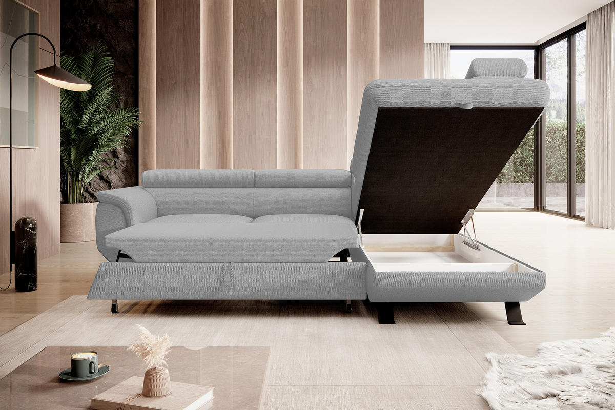 ECKSOFA Raven L mit Schlaffunktion und Bettkasten, Freistehend, Polstersofa mit Verstellbaren Kopfstützen, 257x198x96 cm – Rechte, Esche - Silberfarben, Holz/Textil (256/198cm) - DomoHome
