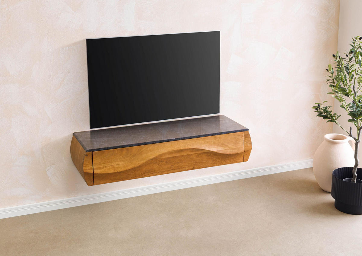 LOWBOARD Akazie 124x40x25 natur lackiert / Marmor schwarz MONTREAL #131 - Naturfarben, Holz (124/25/40cm) - Massivmoebel24