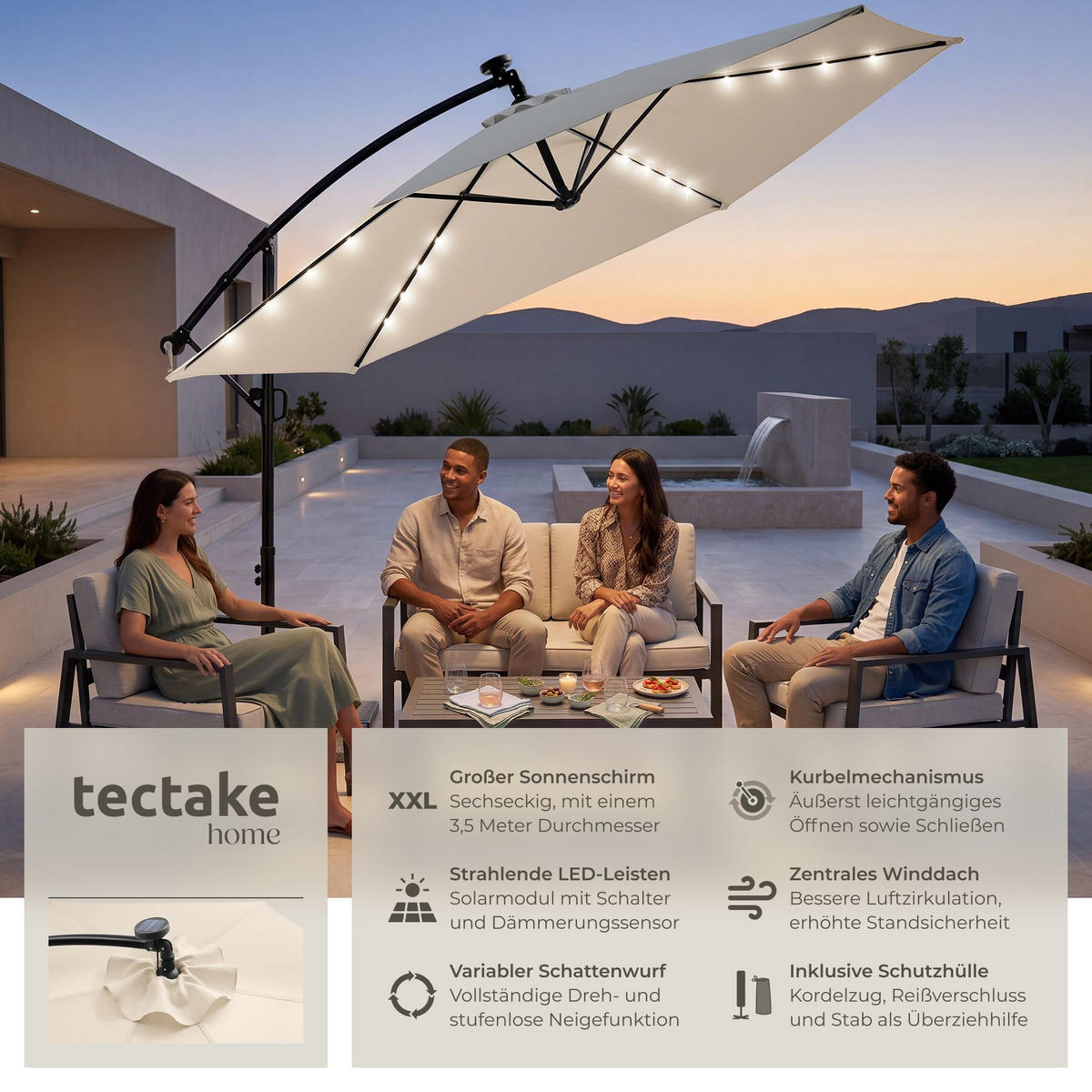 AMPELSCHIRM Artemis, mit LED Solar-Beleuchtung, inkl. Schutzhülle, beige - Beige, Metall (350/337cm) - tectake