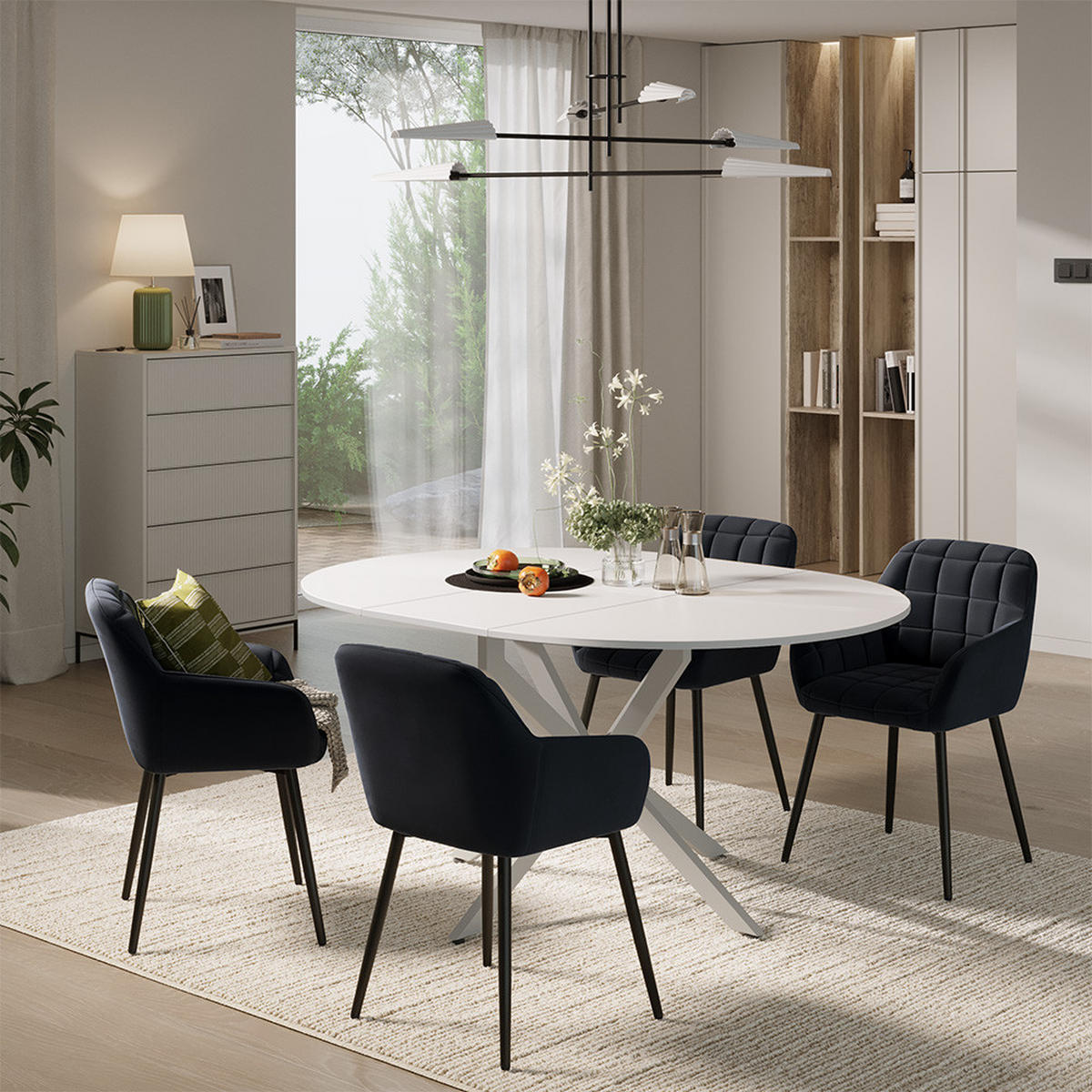 ESSTISCH-SET Loyd, Weiß/Grau, 120 x 120 cm mit 4 Esszimmerstühlen (Schwarz) - Weiß/Grau, Holzwerkstoff (120/76.5/120cm) - Vicco