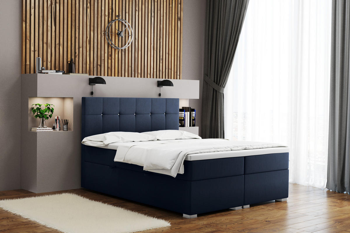 BOXBETT Mit Matratze Und Bettkasten LINDT Stoff Velvet 200x200 cm Marineblau H3-Bonell - Blau, Holz (200/200cm) - Kaiser Möbel