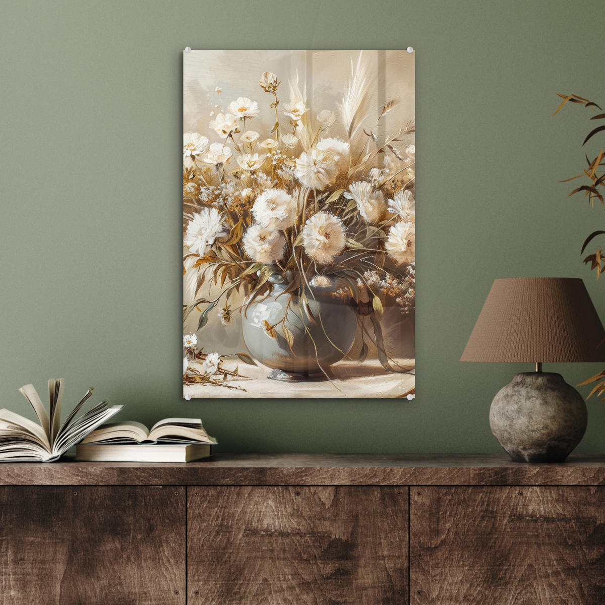 ACRYLGLASBILD Blumen - Vase - Stilleben - Beige 40x60 cm - Creme, Glas (40/60cm) - MuchoWow