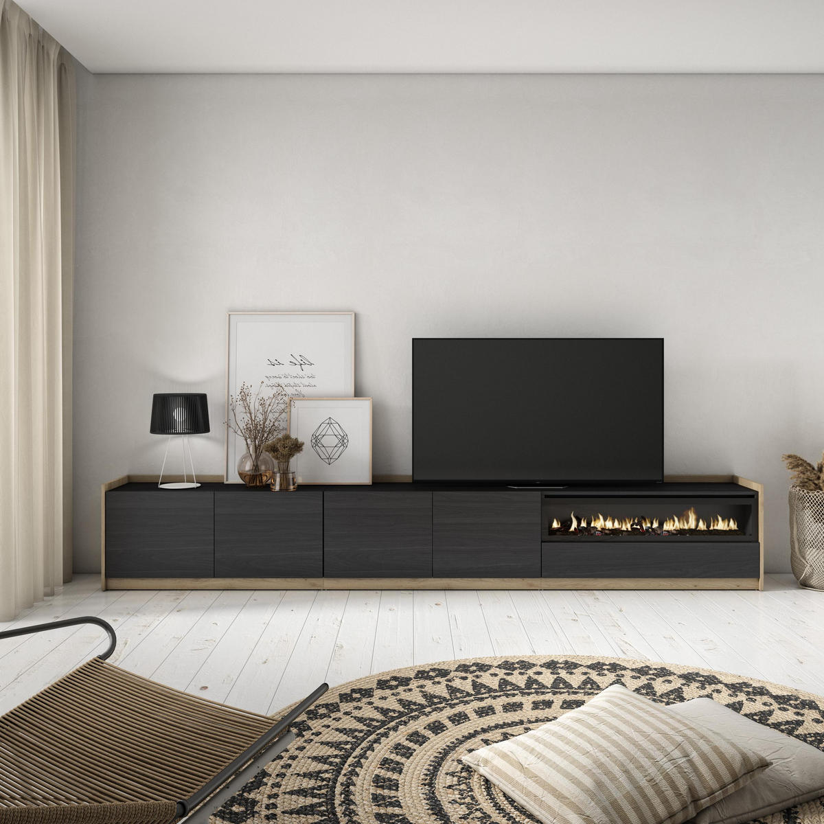 TV-SCHRANK, Lowboard, Schwarz Eiche, Elektrokamin, 310/37/50cm - Schwarz, Holzwerkstoff (310/50/37cm) - Skraut Home