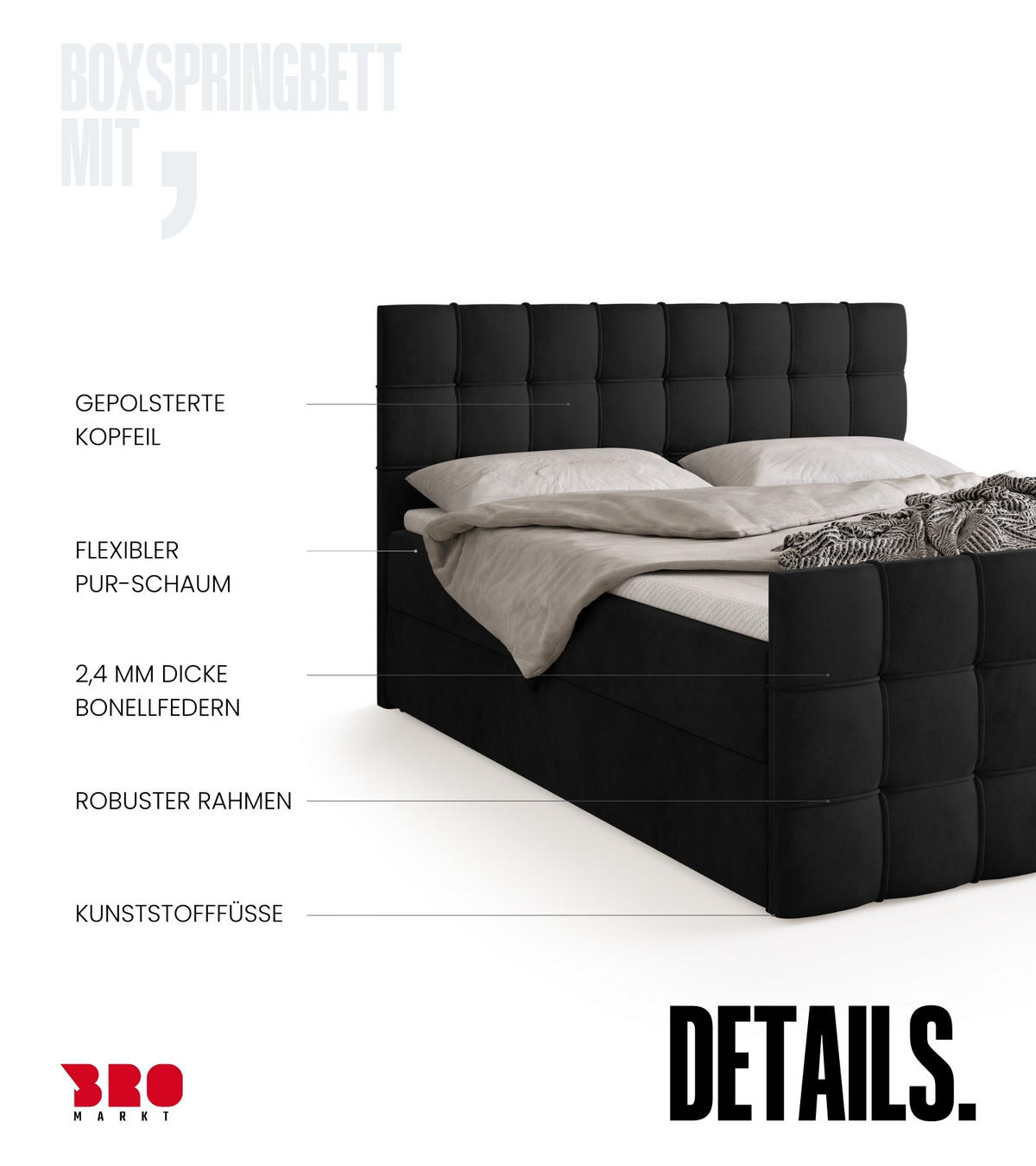 BOXBETT Detroit Duo mit Topper 160/200 Schwarz - Schwarz, Textil (160/200cm) - Bromarkt