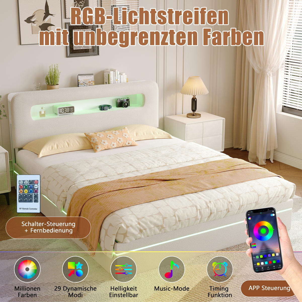 STAURAUMBETT 140x200 cm, Polsterbett mit Stauraum Kopfteil, LED-Beleuchtung - Beige, Holz (140/200cm) - PARAFTA HOME