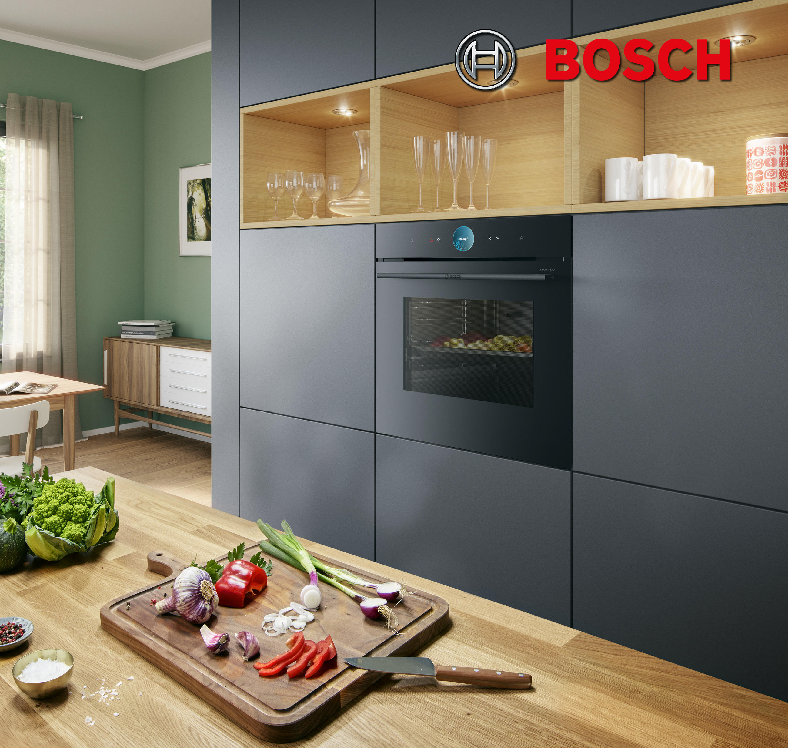 Eine Küche von Bosch mit dem Bosch Logo