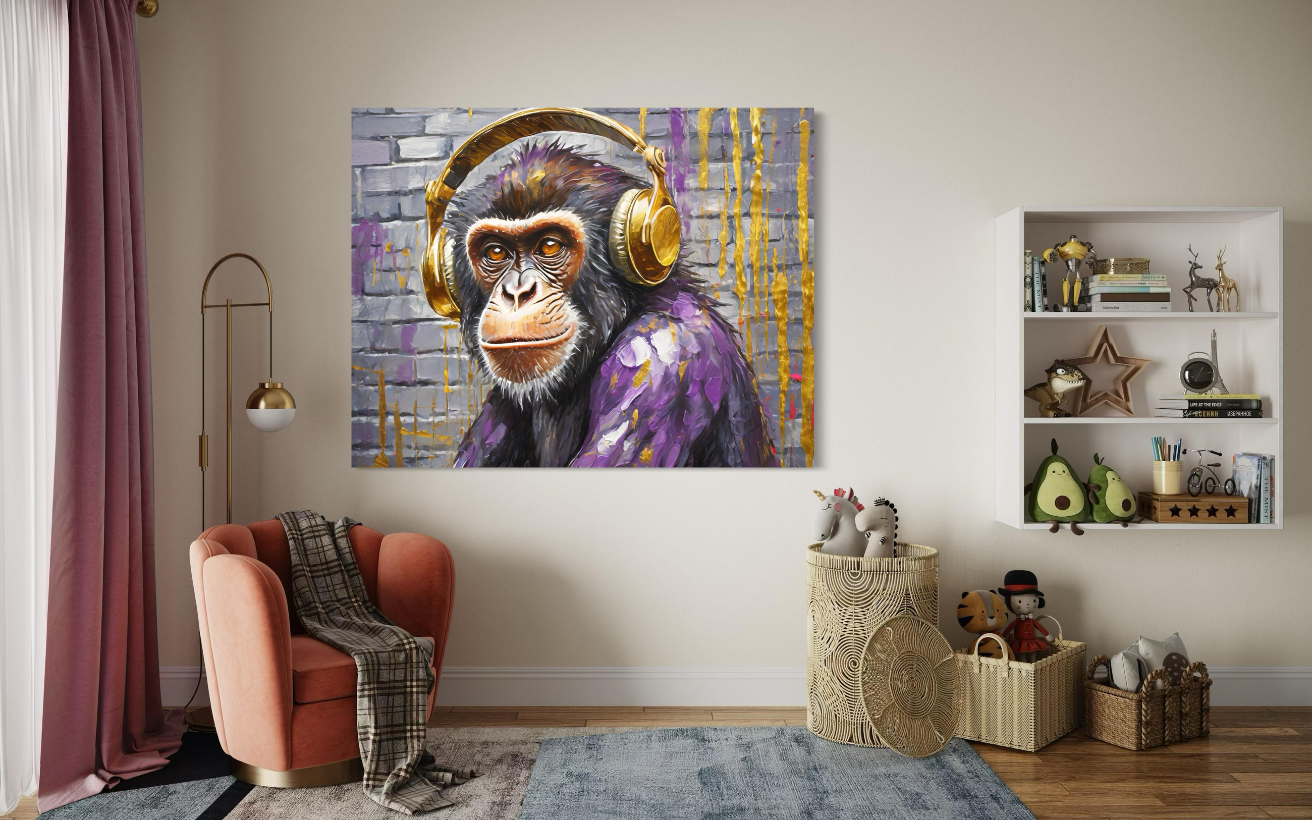 WANDBILD affe im kopfhörer - Lila, Textil (60/40cm) - Feeby