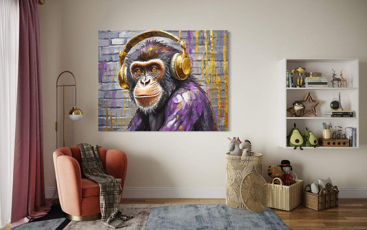 WANDBILD affe im kopfhörer - Lila, Textil (60/40cm) - Feeby