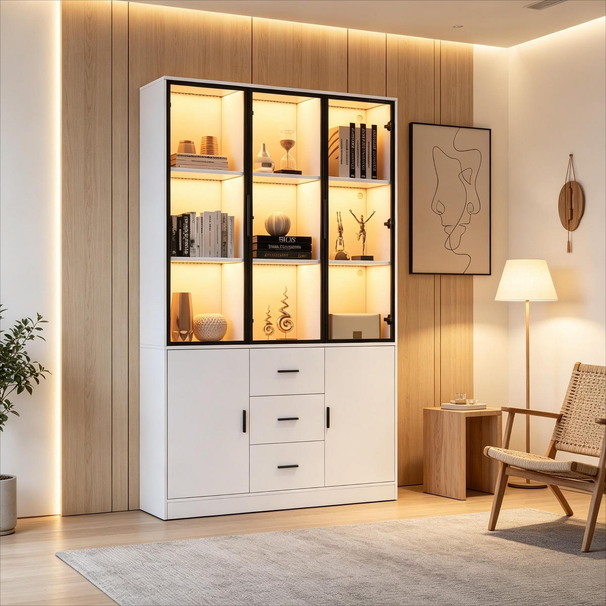 KÜCHENSCHRANK MIT LED BELEUCHTUNG 120/200/30 cm, Spanplatte und Glas, Weiß matt, Highboard mit 3 Schubladen für Wohnzimmer - Weiß, Holzwerkstoff (30/200/120cm) - Rolipo