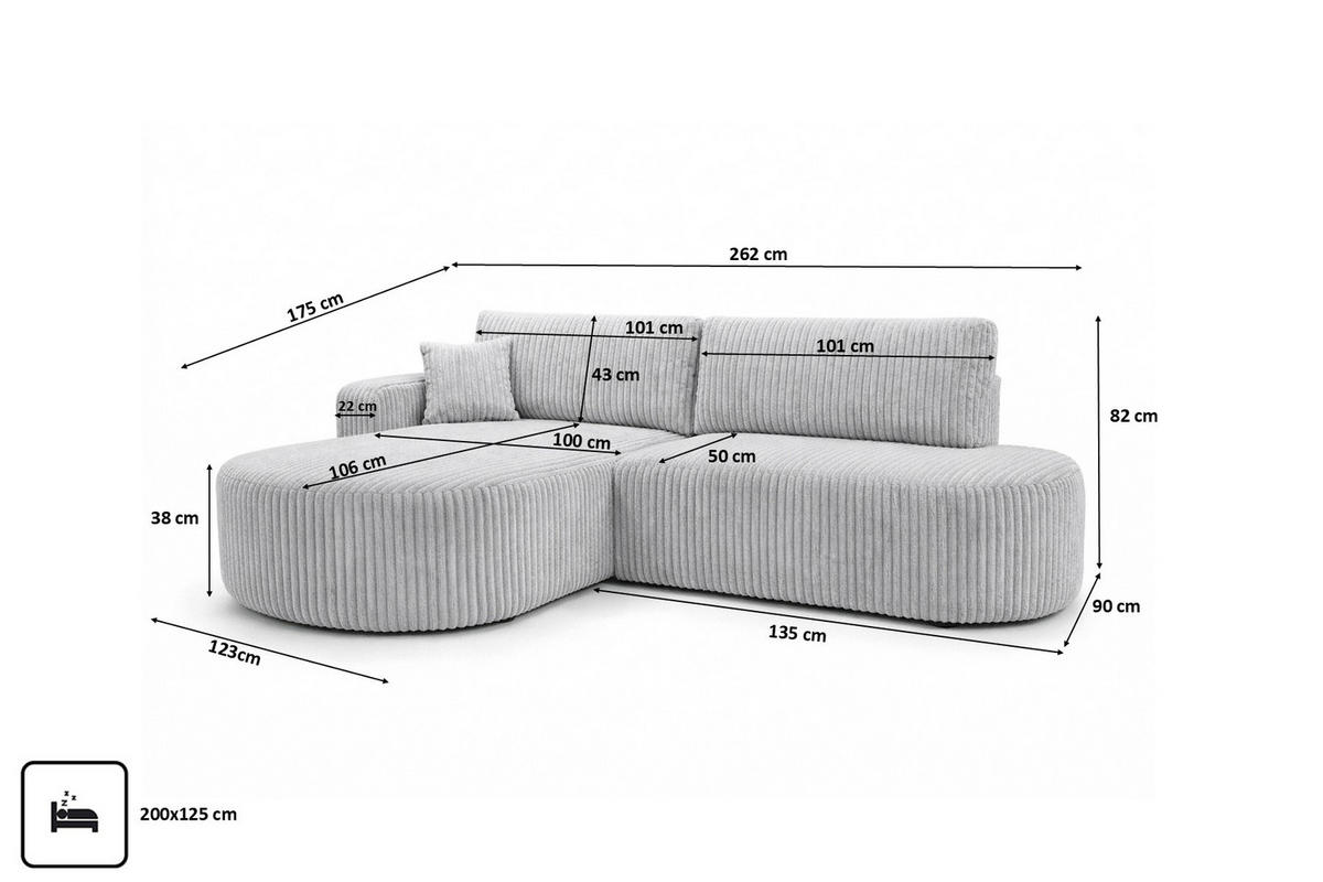 ECKSOFA Mit Schlaffunktion Und Bettkasten, Cordstoff Tilia, Grau, Links, ROUND ONE OPEN XL - Grau, Holz (262/175cm) - Kaiser Möbel