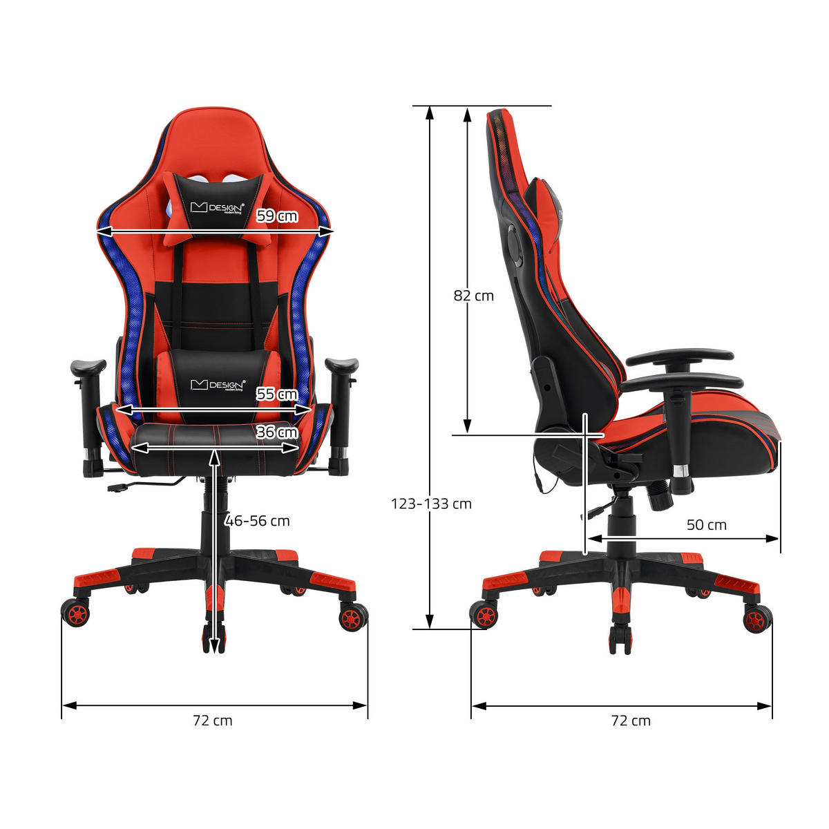 GAMING-STUHL Schwarz-Rot - Rot, Metall (72/133/72cm) - ML-DESIGN