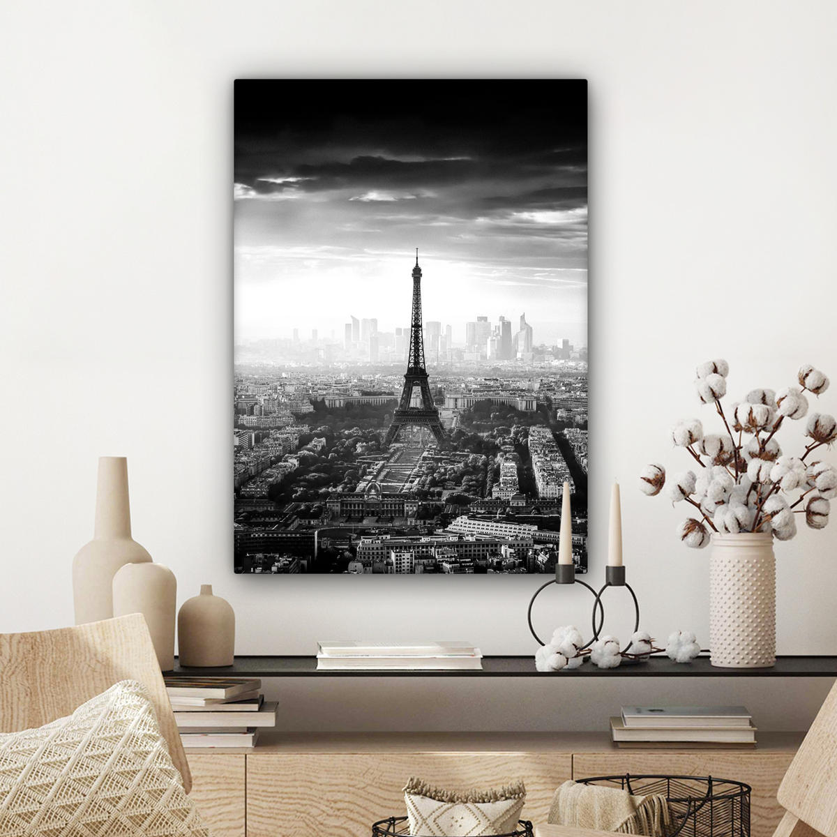 LEINWANDBILD Paris - Skyline - Eiffelturm - Stadt - Wolken Wandbild Wohnzimmer 60x80 cm - Dunkelgrau, Textil (60/80cm) - MuchoWow