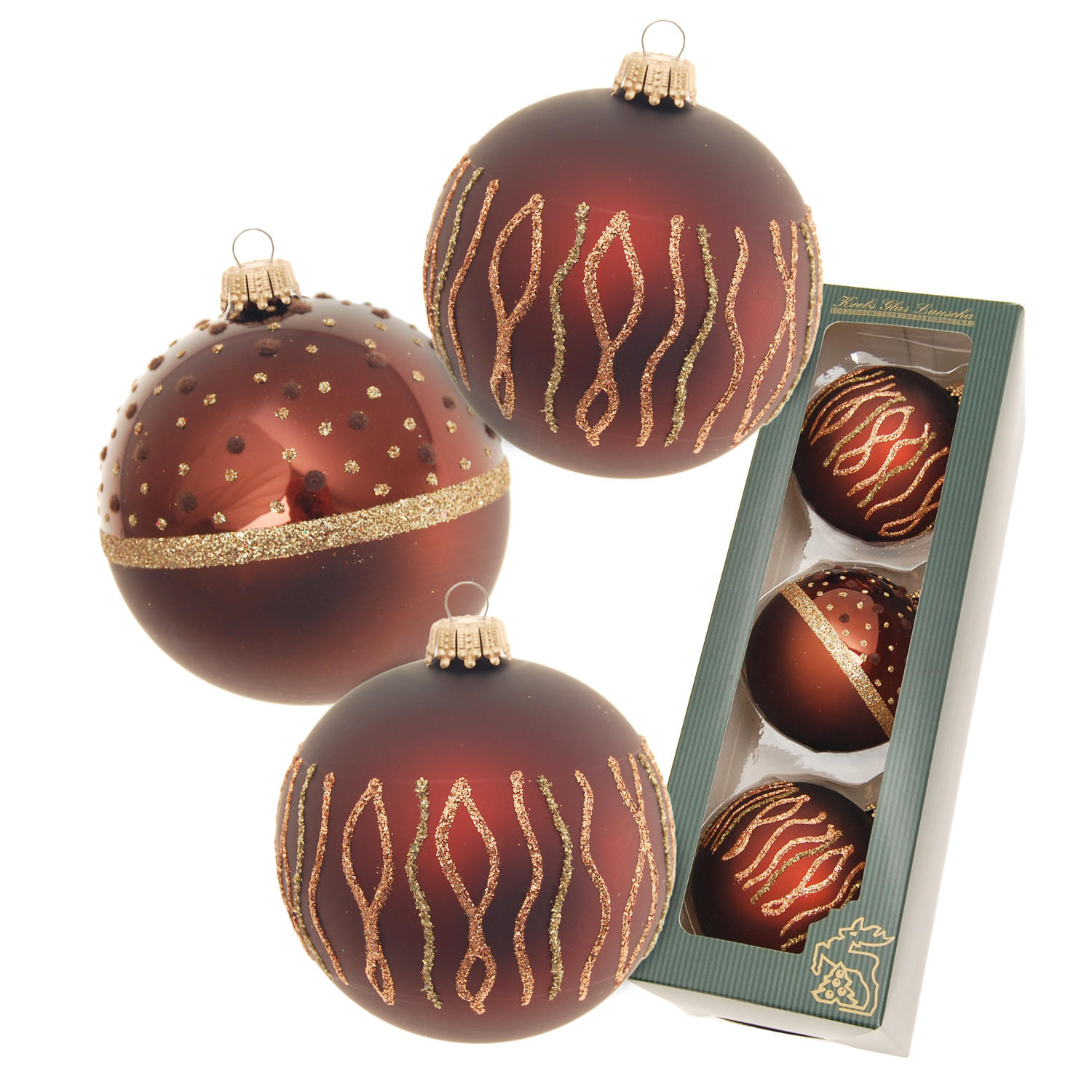 CHRISTBAUMKUGELN Afrika Streifen Braun 8cm (Glas / 3 Stk.) - Braun, Glas (7/8/7cm) - Krebs Glas Lauscha