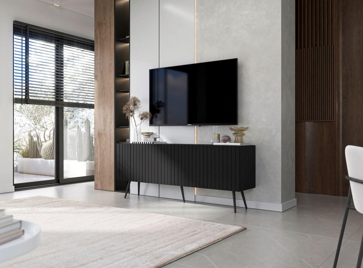 TV-SCHRANK Elpis Schwarz Matt mit Metallbeine Glamour 150 cm - Schwarz, Holzwerkstoff/Metall (150/60.5/36.5cm) - Meble Lindner