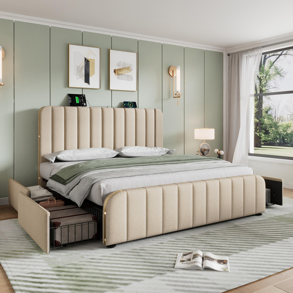 POLSTERBETT mit Matratze USB/Typ-C 140x200 cm Beige Leinen 4 Schubladen - Beige, Metall (140/200cm) - Meubliv