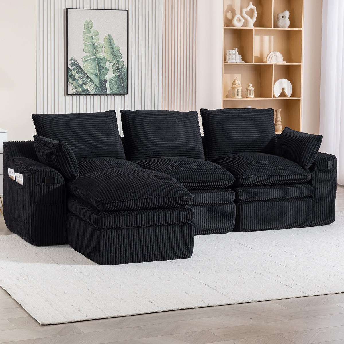 SOFA modular mit Hocker ca. 263 x 167 x 85 cm Cord Schwarz - Schwarz, Kunststoff (167/263cm) - Meubliv