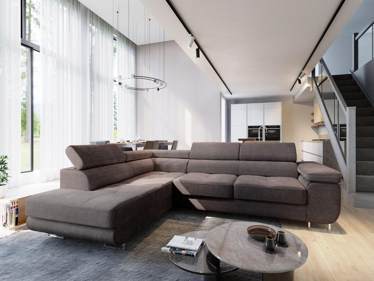 ECKSOFA APIRO L-S Braun Kordstoff mit Schlaffunktion - Braun, Holz (276/202cm) - MASSENO