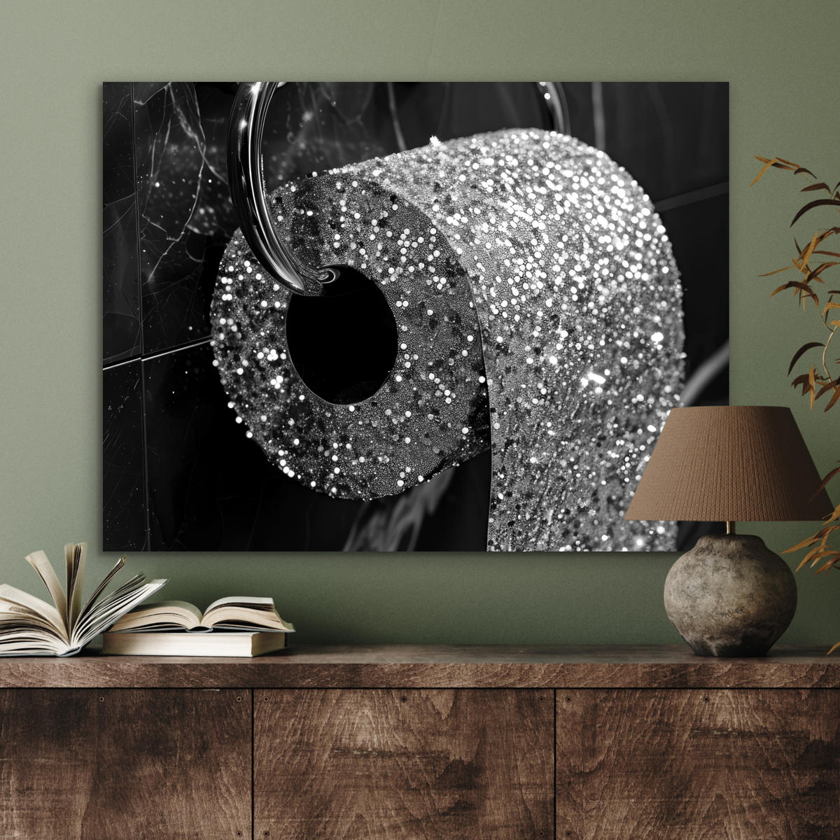 KOVOVÝ OBRAZ WC - toaletný papier - čiernobiely - trblietky 80x60 cm - strieborná, kov (80/60cm) - MuchoWow
