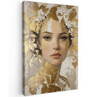 LEINWANDBILD Gesicht - Frau - Blätter - Gold Deko XXL 80x120 cm - Beige, Textil (80/120cm) - MuchoWow