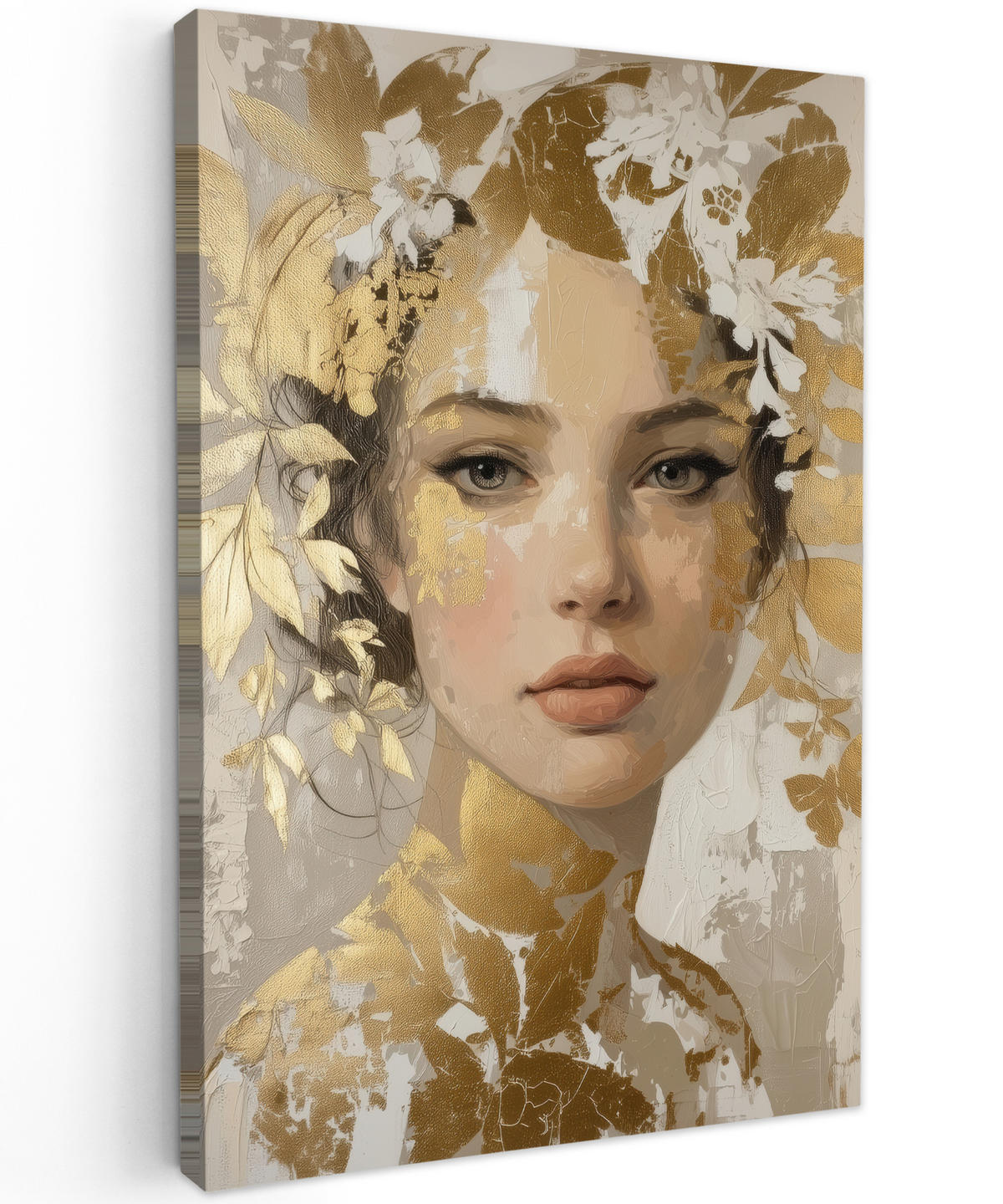 LEINWANDBILD Gesicht - Frau - Blätter - Gold Deko XXL 80x120 cm - Beige, Textil (80/120cm) - MuchoWow