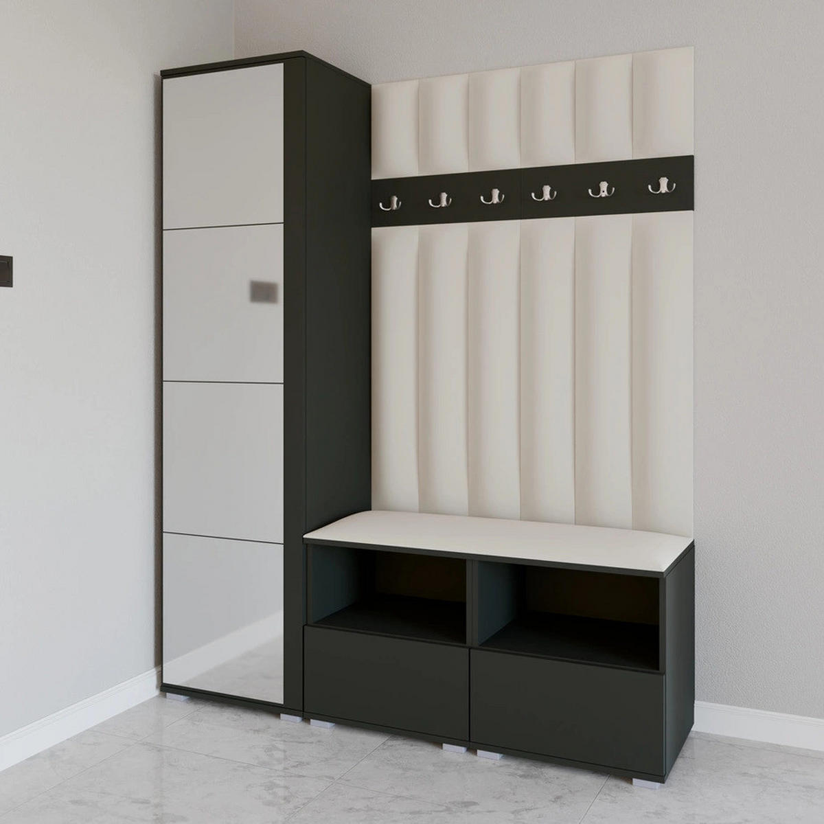 GEPOLSTERT Garderoben-Set Nela II LUX (Spiegel – Farbe Graphit + Stoff Trinity 01) - Silberfarben/Creme, Holz/Holzwerkstoff (150/187/40cm) - Ravio