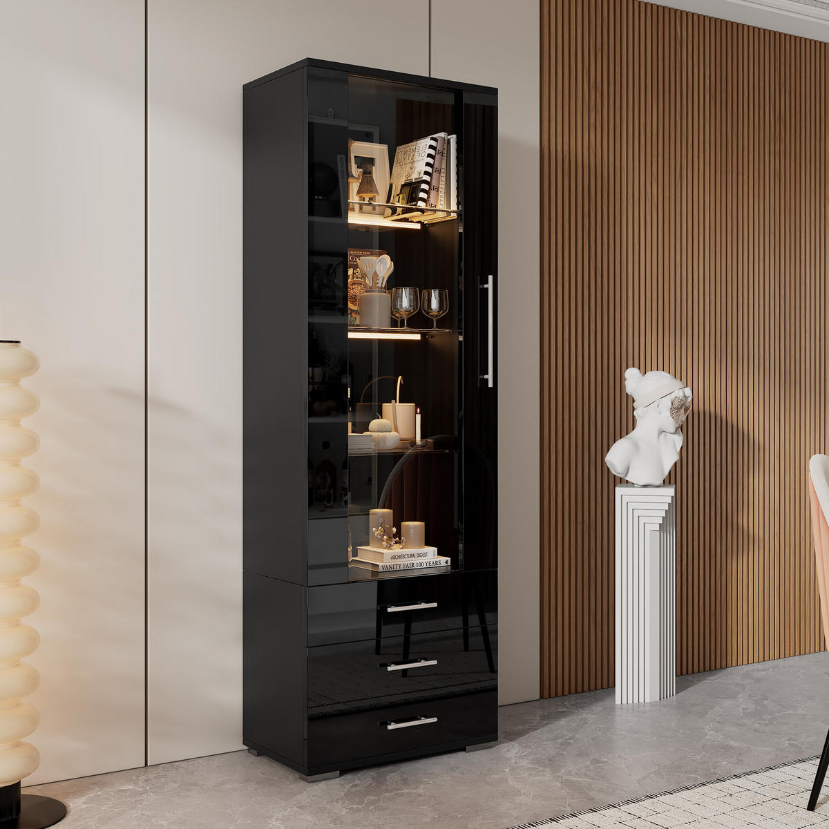VITRINE aus MDF 60x35x180 cm Schwarz mit LED-Beleuchtung, Acryltür und 3 Schubladen - Schwarz, Holzwerkstoff (60/180/35cm) - Modfu