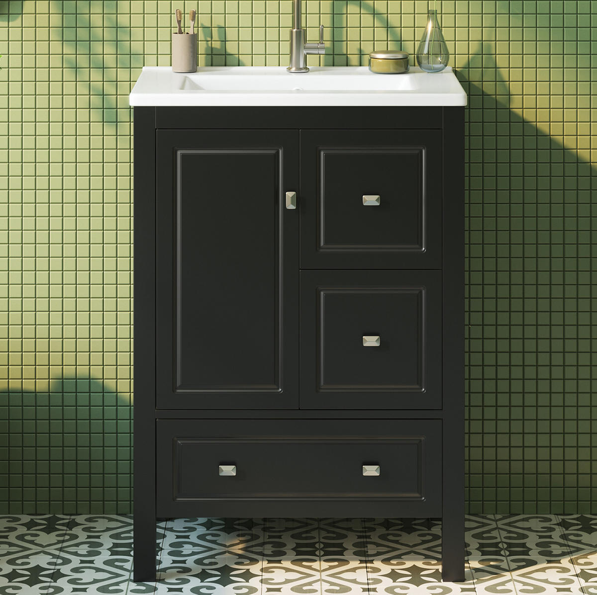 WASCHTISCH aus MDF und Keramik 62x47x90 cm Schwarz mit Stauraum und Soft-Close - Schwarz, Keramik (62/90/47cm) - Modfu