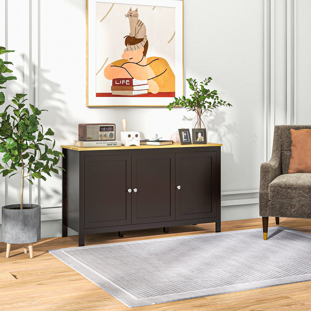 SIDEBOARD Schwarz und Holzoptik, 3 Türen, 120/40/70 cm - Schwarz, Holz (120/70/40cm) - PANGIVO