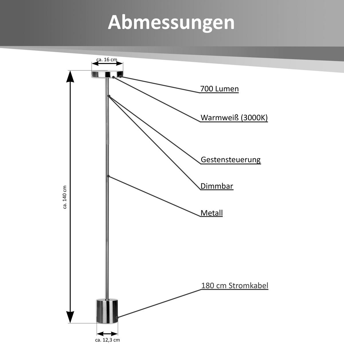 LED-STEHLEUCHTE Metall dimmbar Gestensteuerung warmweiß 3000K 700 Lumen modernes Design Wohnzimmer Schlafzimmer Höhe 140cm - Chromfarben, Metall (16/16/140cm) - Northpoint